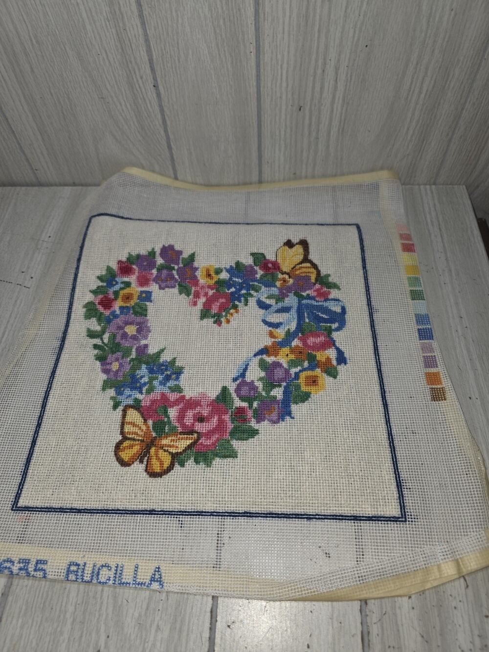 Vintage Bucilla Cross-Stitch Floral Butterfly Heart Finished Needlepoint 4635
